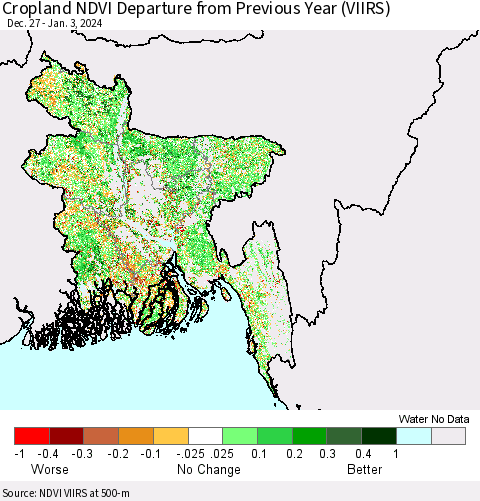 Bangladesh Cropland NDVI Departure from Previous Year (VIIRS) Thematic Map For 12/27/2023 - 1/3/2024