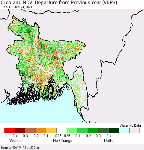 Bangladesh Cropland NDVI Departure from Previous Year (VIIRS) Thematic Map For 1/17/2024 - 1/24/2024