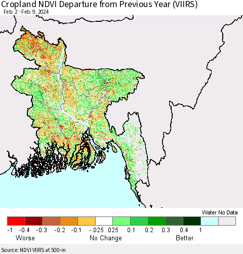 Bangladesh Cropland NDVI Departure from Previous Year (VIIRS) Thematic Map For 2/2/2024 - 2/9/2024