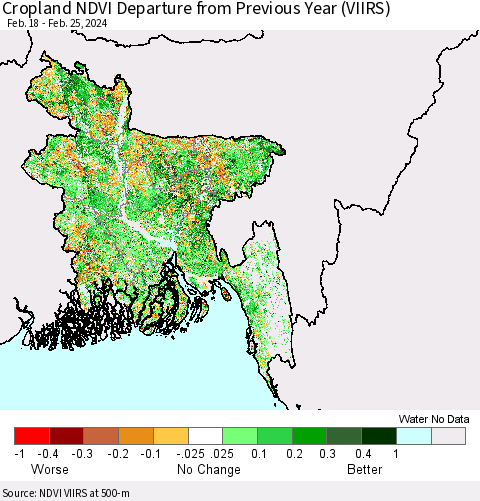 Bangladesh Cropland NDVI Departure from Previous Year (VIIRS) Thematic Map For 2/18/2024 - 2/25/2024