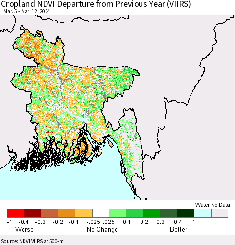 Bangladesh Cropland NDVI Departure from Previous Year (VIIRS) Thematic Map For 3/5/2024 - 3/12/2024