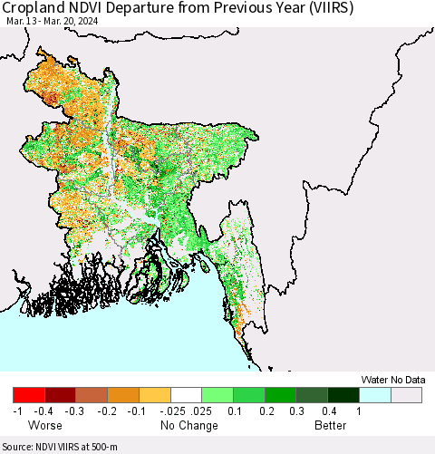 Bangladesh Cropland NDVI Departure from Previous Year (VIIRS) Thematic Map For 3/13/2024 - 3/20/2024