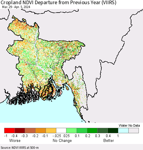 Bangladesh Cropland NDVI Departure from Previous Year (VIIRS) Thematic Map For 3/29/2024 - 4/5/2024