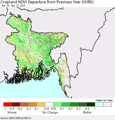 Bangladesh Cropland NDVI Departure from Previous Year (VIIRS) Thematic Map For 4/14/2024 - 4/21/2024