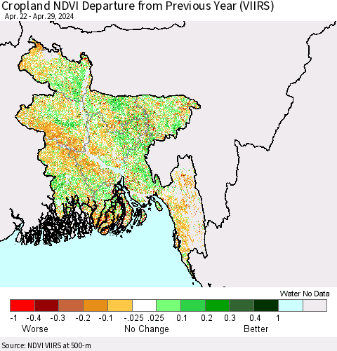 Bangladesh Cropland NDVI Departure from Previous Year (VIIRS) Thematic Map For 4/22/2024 - 4/29/2024