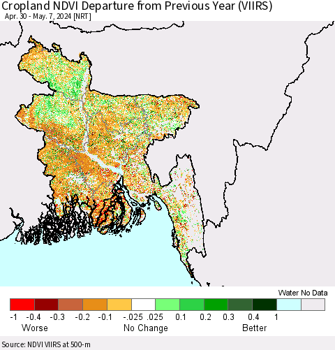 Bangladesh Cropland NDVI Departure from Previous Year (VIIRS) Thematic Map For 4/30/2024 - 5/7/2024