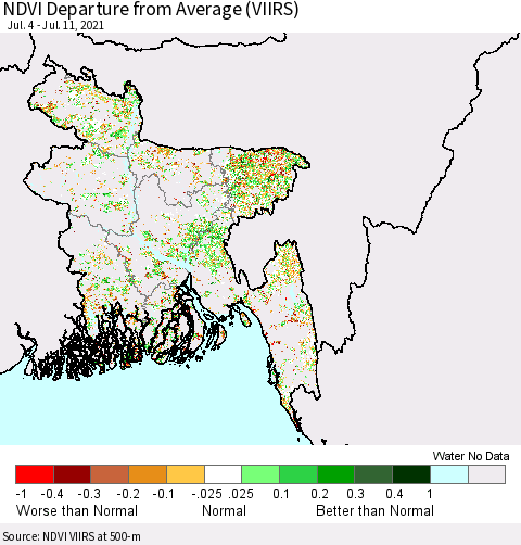 Bangladesh NDVI Departure from Average (VIIRS) Thematic Map For 7/4/2021 - 7/11/2021