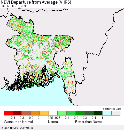 Bangladesh NDVI Departure from Average (VIIRS) Thematic Map For 7/12/2021 - 7/19/2021
