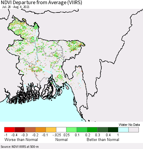 Bangladesh NDVI Departure from Average (VIIRS) Thematic Map For 7/28/2021 - 8/4/2021