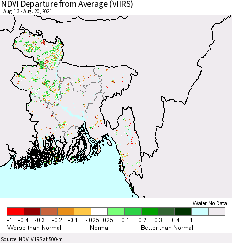Bangladesh NDVI Departure from Average (VIIRS) Thematic Map For 8/13/2021 - 8/20/2021