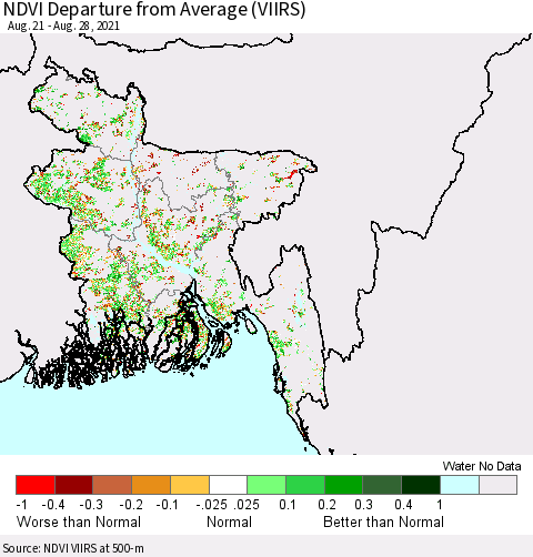 Bangladesh NDVI Departure from Average (VIIRS) Thematic Map For 8/21/2021 - 8/28/2021