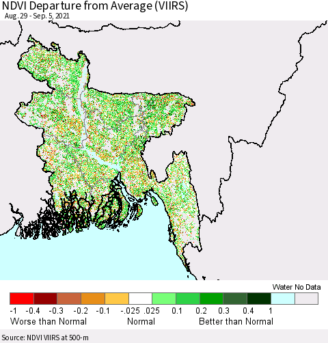 Bangladesh NDVI Departure from Average (VIIRS) Thematic Map For 8/29/2021 - 9/5/2021