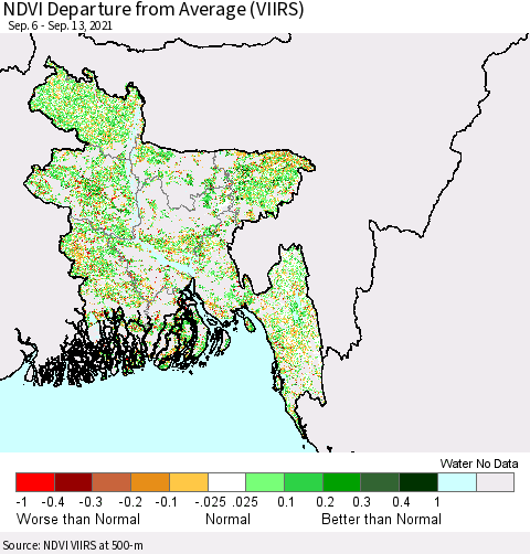 Bangladesh NDVI Departure from Average (VIIRS) Thematic Map For 9/6/2021 - 9/13/2021
