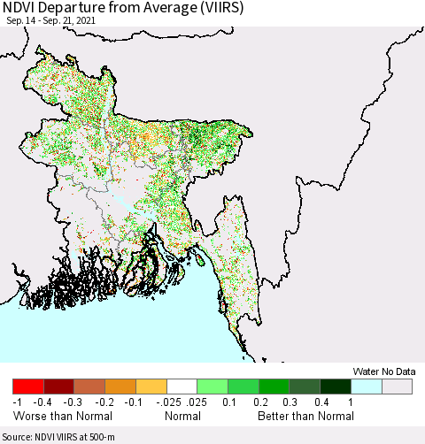 Bangladesh NDVI Departure from Average (VIIRS) Thematic Map For 9/14/2021 - 9/21/2021