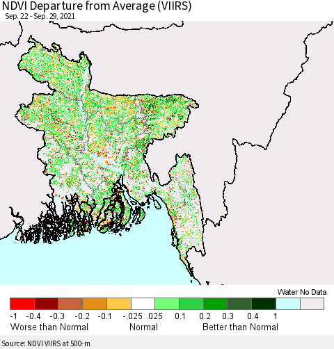 Bangladesh NDVI Departure from Average (VIIRS) Thematic Map For 9/22/2021 - 9/29/2021