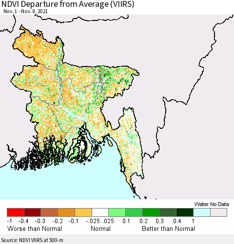 Bangladesh NDVI Departure from Average (VIIRS) Thematic Map For 11/1/2021 - 11/8/2021