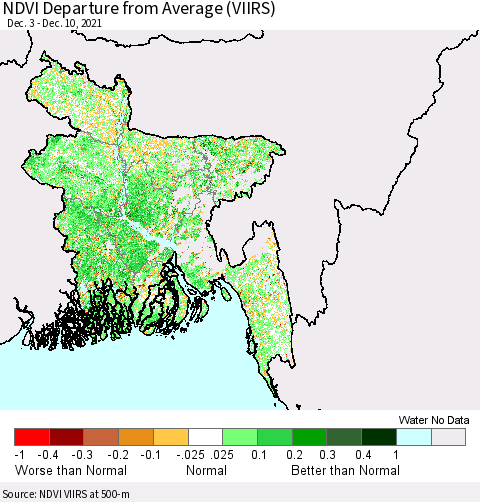Bangladesh NDVI Departure from Average (VIIRS) Thematic Map For 12/3/2021 - 12/10/2021