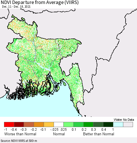 Bangladesh NDVI Departure from Average (VIIRS) Thematic Map For 12/11/2021 - 12/18/2021