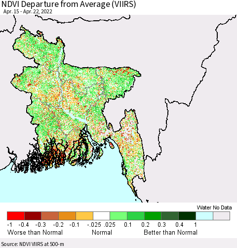 Bangladesh NDVI Departure from Average (VIIRS) Thematic Map For 4/15/2022 - 4/22/2022