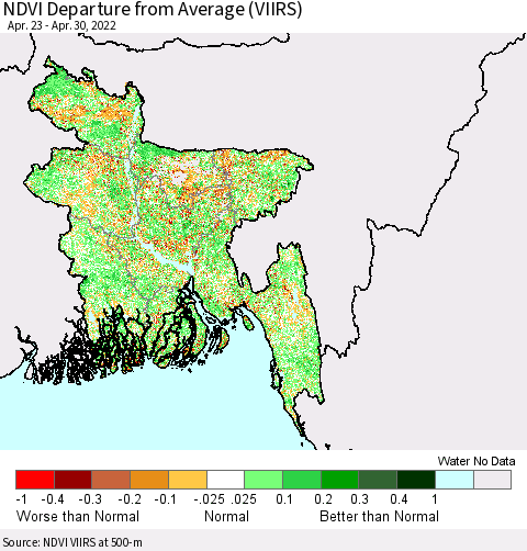Bangladesh NDVI Departure from Average (VIIRS) Thematic Map For 4/23/2022 - 4/30/2022