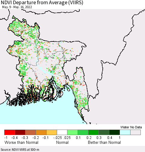 Bangladesh NDVI Departure from Average (VIIRS) Thematic Map For 5/9/2022 - 5/16/2022