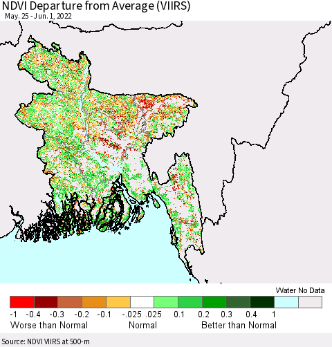 Bangladesh NDVI Departure from Average (VIIRS) Thematic Map For 5/25/2022 - 6/1/2022