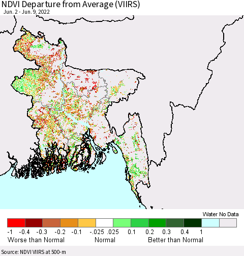 Bangladesh NDVI Departure from Average (VIIRS) Thematic Map For 6/2/2022 - 6/9/2022