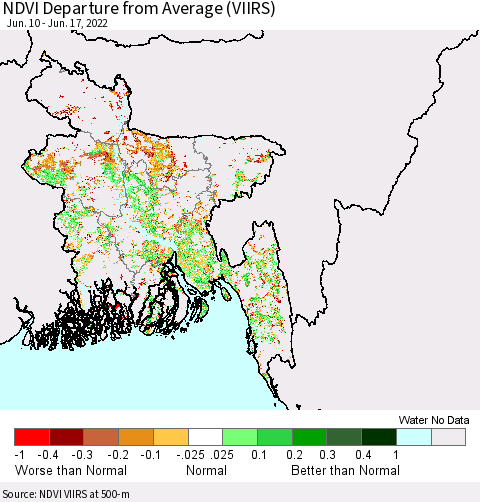 Bangladesh NDVI Departure from Average (VIIRS) Thematic Map For 6/10/2022 - 6/17/2022