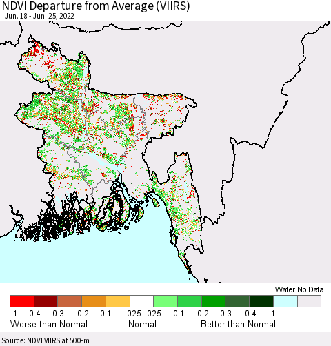 Bangladesh NDVI Departure from Average (VIIRS) Thematic Map For 6/18/2022 - 6/25/2022