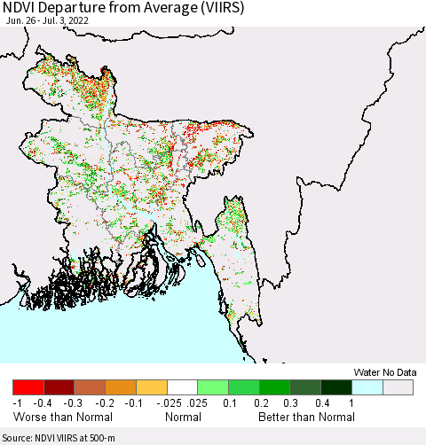 Bangladesh NDVI Departure from Average (VIIRS) Thematic Map For 6/26/2022 - 7/3/2022
