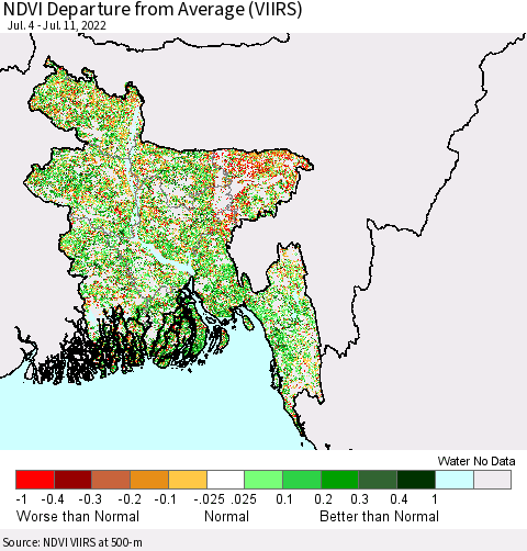 Bangladesh NDVI Departure from Average (VIIRS) Thematic Map For 7/4/2022 - 7/11/2022