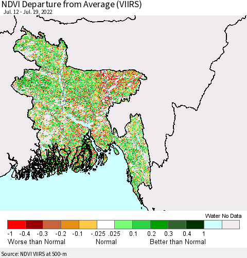 Bangladesh NDVI Departure from Average (VIIRS) Thematic Map For 7/12/2022 - 7/19/2022