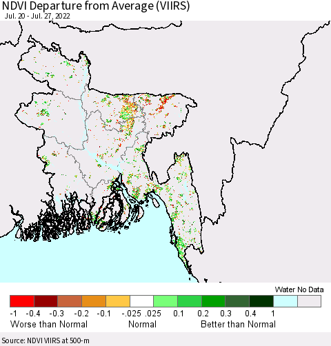 Bangladesh NDVI Departure from Average (VIIRS) Thematic Map For 7/20/2022 - 7/27/2022