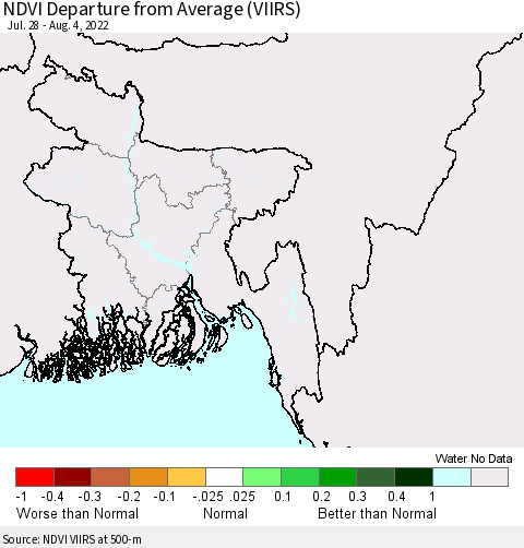 Bangladesh NDVI Departure from Average (VIIRS) Thematic Map For 7/28/2022 - 8/4/2022