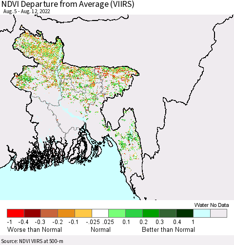 Bangladesh NDVI Departure from Average (VIIRS) Thematic Map For 8/5/2022 - 8/12/2022