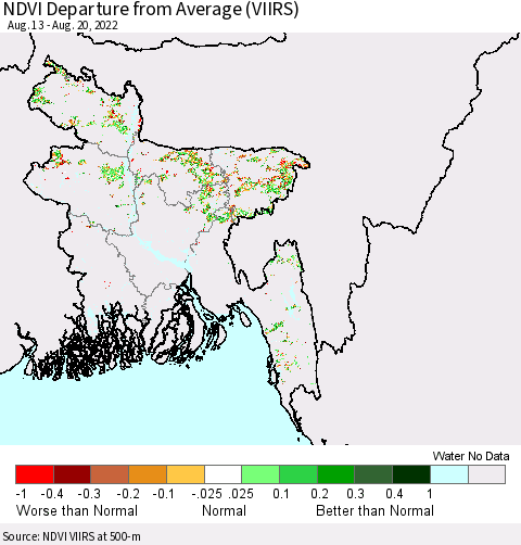 Bangladesh NDVI Departure from Average (VIIRS) Thematic Map For 8/13/2022 - 8/20/2022