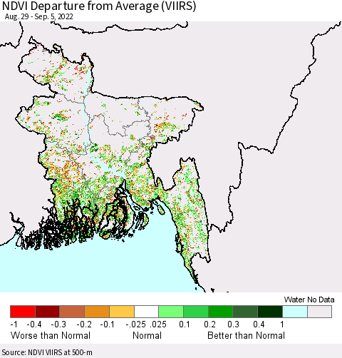 Bangladesh NDVI Departure from Average (VIIRS) Thematic Map For 8/29/2022 - 9/5/2022