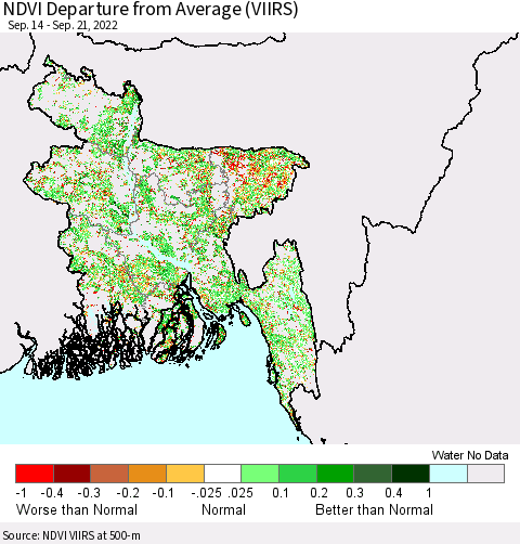 Bangladesh NDVI Departure from Average (VIIRS) Thematic Map For 9/14/2022 - 9/21/2022