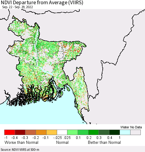 Bangladesh NDVI Departure from Average (VIIRS) Thematic Map For 9/22/2022 - 9/29/2022