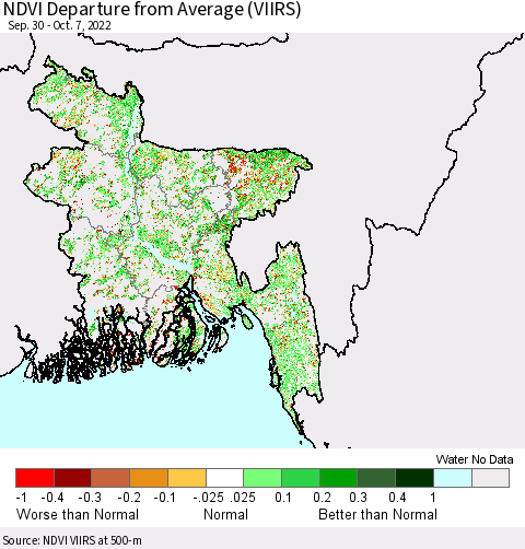 Bangladesh NDVI Departure from Average (VIIRS) Thematic Map For 9/30/2022 - 10/7/2022