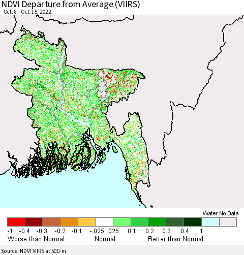 Bangladesh NDVI Departure from Average (VIIRS) Thematic Map For 10/8/2022 - 10/15/2022