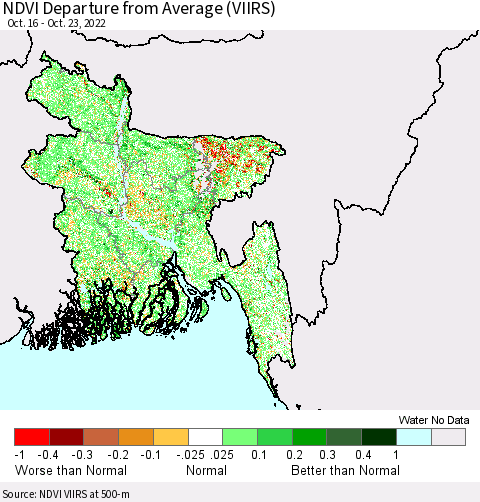 Bangladesh NDVI Departure from Average (VIIRS) Thematic Map For 10/16/2022 - 10/23/2022