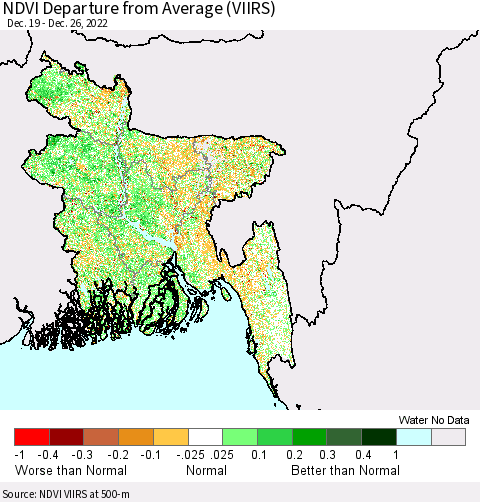 Bangladesh NDVI Departure from Average (VIIRS) Thematic Map For 12/19/2022 - 12/26/2022
