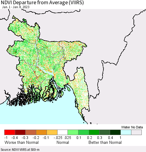 Bangladesh NDVI Departure from Average (VIIRS) Thematic Map For 1/1/2023 - 1/8/2023