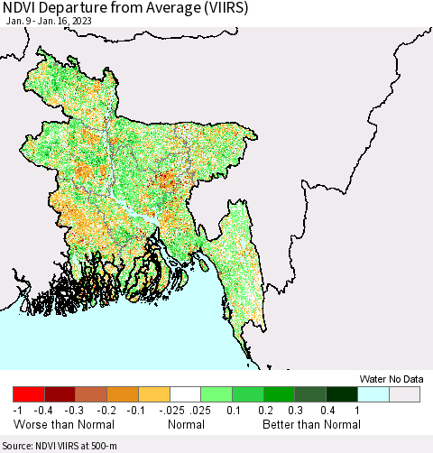 Bangladesh NDVI Departure from Average (VIIRS) Thematic Map For 1/9/2023 - 1/16/2023