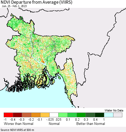 Bangladesh NDVI Departure from Average (VIIRS) Thematic Map For 1/25/2023 - 2/1/2023