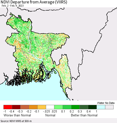 Bangladesh NDVI Departure from Average (VIIRS) Thematic Map For 2/2/2023 - 2/9/2023