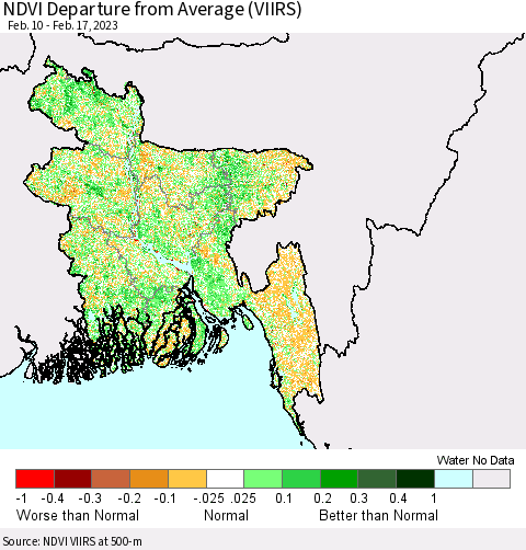 Bangladesh NDVI Departure from Average (VIIRS) Thematic Map For 2/10/2023 - 2/17/2023