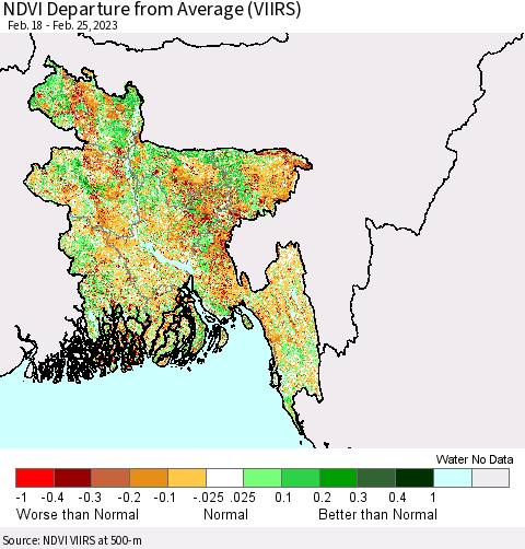 Bangladesh NDVI Departure from Average (VIIRS) Thematic Map For 2/18/2023 - 2/25/2023