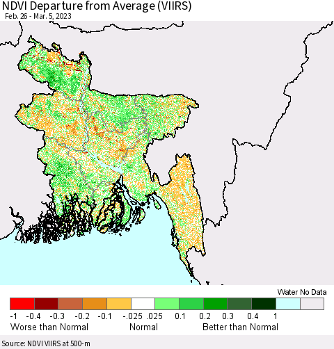 Bangladesh NDVI Departure from Average (VIIRS) Thematic Map For 2/26/2023 - 3/5/2023